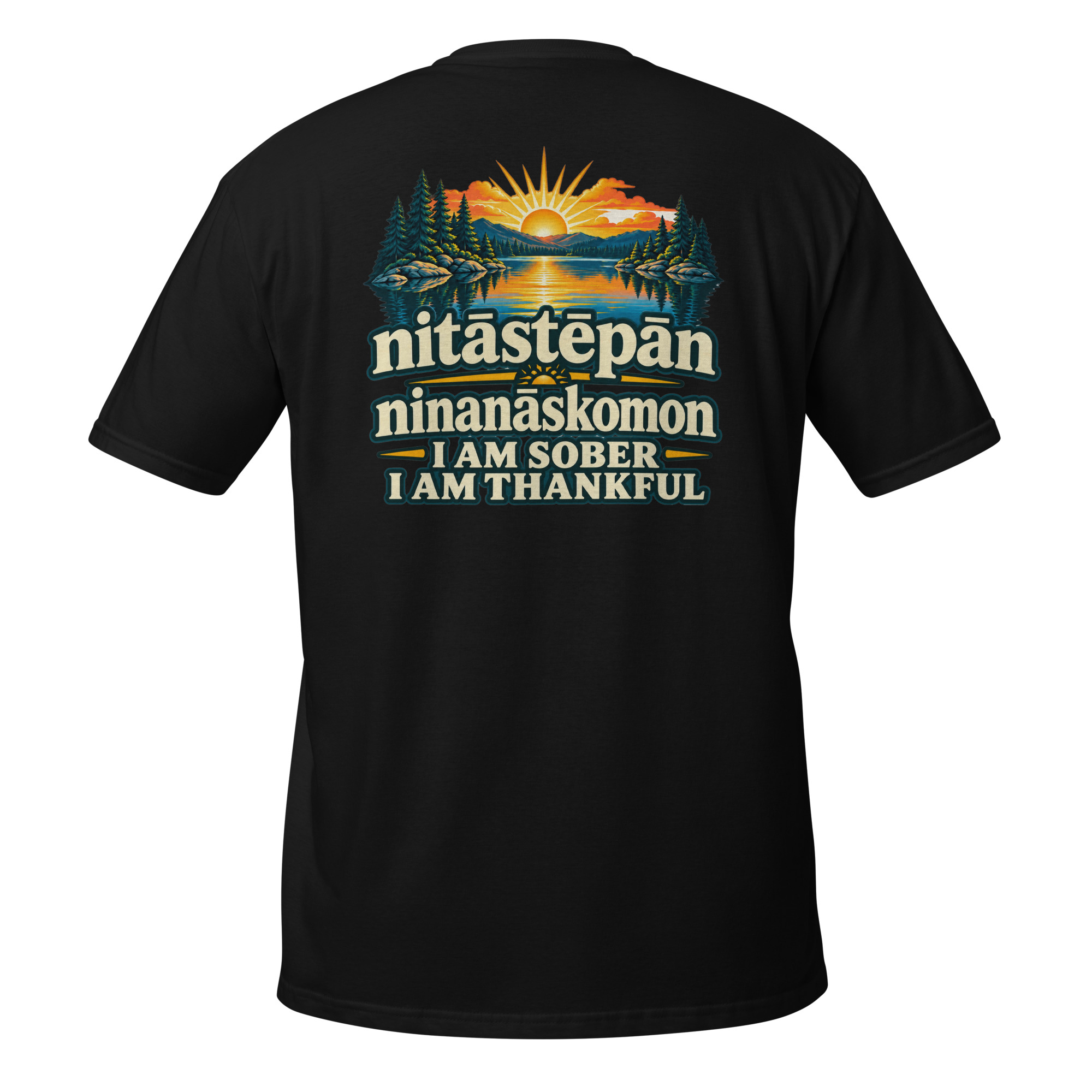 nitāstēpān ninanāskomon — Sober & Thankful | Plains Cree T-Shirt - Image 2